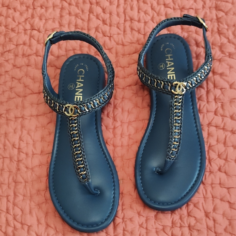 CHANEL Blue T-Strap Sandals with Gold Hardware
